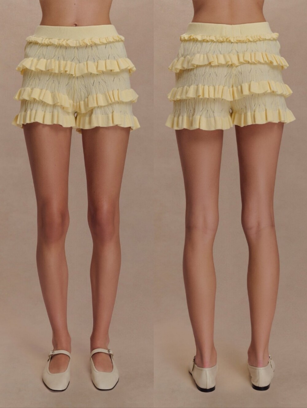 MESHKI Amy Pointelle High Waisted Knit Frill Shorts In Lemon L.
